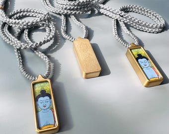 Medicine Buddha Thangka Pendant Necklace, Tibetan Scripture Vajra
