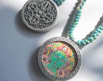 Green Tara Pendant Necklace: Tibetan Buddhist Thangka, Cotton Cord
