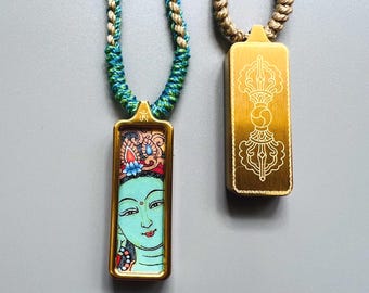 Green Tara Thangka Pendant: Tibetan Buddhist Titanium Steel Necklace