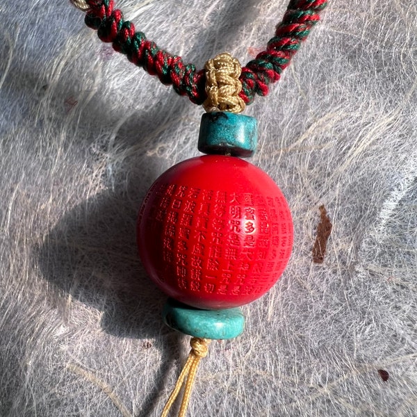 Heart Sutra Pendant-Buddhist Bodhisattva Pendant-Dharma Energy Guardian Pendant-Heart Sutra Cinnabar Beads Necklace- Cinnabar Lucky Necklace