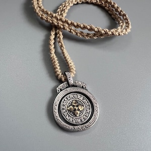 Rotatable Tibetan Buddhist Stainless Steel Dharma Wheel Pendant Necklace with Handmade Cotton Rope Gift for Dad