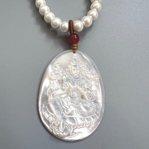 Green Tara Dakini Mother of Pearl Buddha Pendant Prayer Necklace Gift Idea with Small Gift Box for Birthday Gift