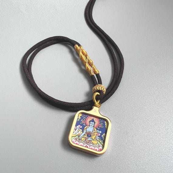 Medicine Buddha Pendant Necklace: Stainless Steel Thangka