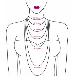 May include: A black and white line drawing showing seven different necklace chain lengths on a torso. The lengths are labeled as 14 inches, 16 inches, 18 inches, 20 inches, 24 inches, 30 inches, and 32 inches, with pink text and lips.