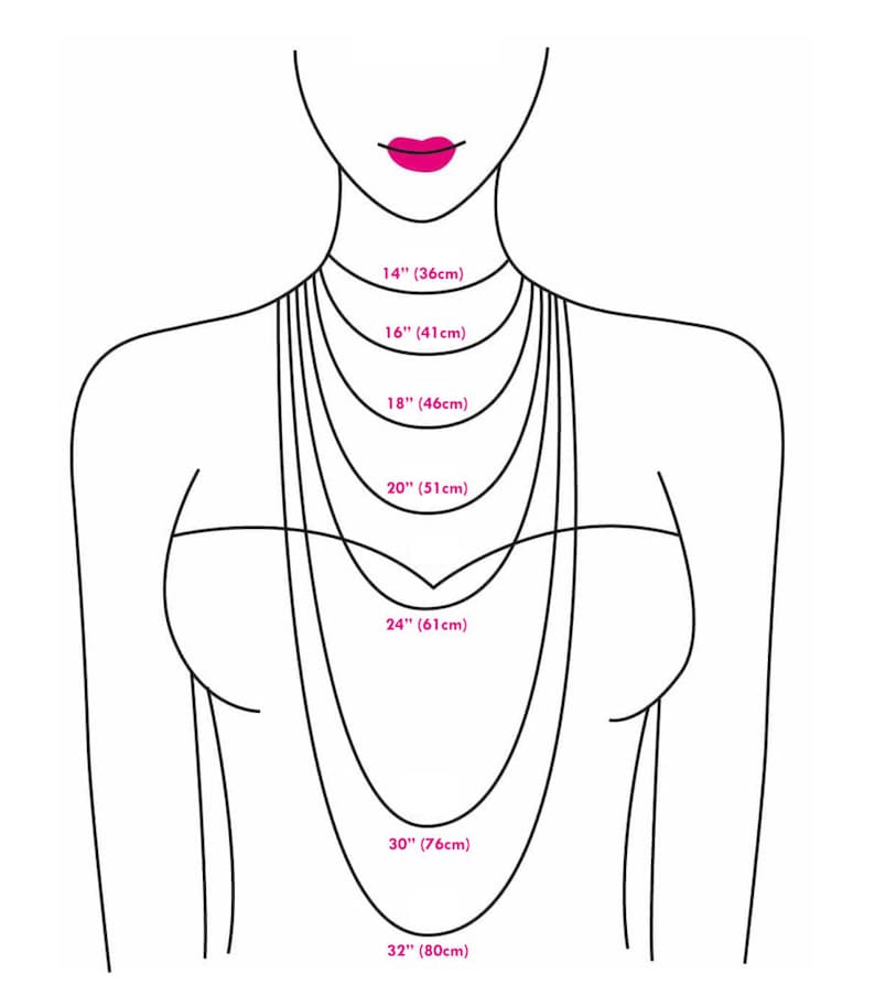 May include: A black and white line drawing showing seven different necklace chain lengths on a torso. The lengths are labeled as 14 inches, 16 inches, 18 inches, 20 inches, 24 inches, 30 inches, and 32 inches, with pink text and lips.