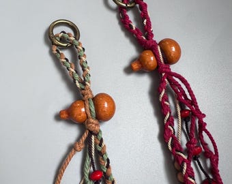 Wooden Gourd Car Charm: Brass Keyring, Handmade Cotton Rope