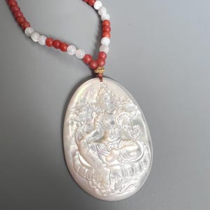 Green Tara Dakini Mother of Pearl Buddha Pendant Prayer Necklace Gift Idea with Small Gift Box for Mother