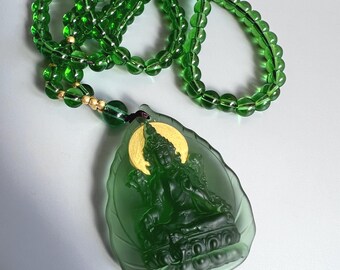 Green Tara Glass Pendant Necklace Tibetan Buddhist Amulet