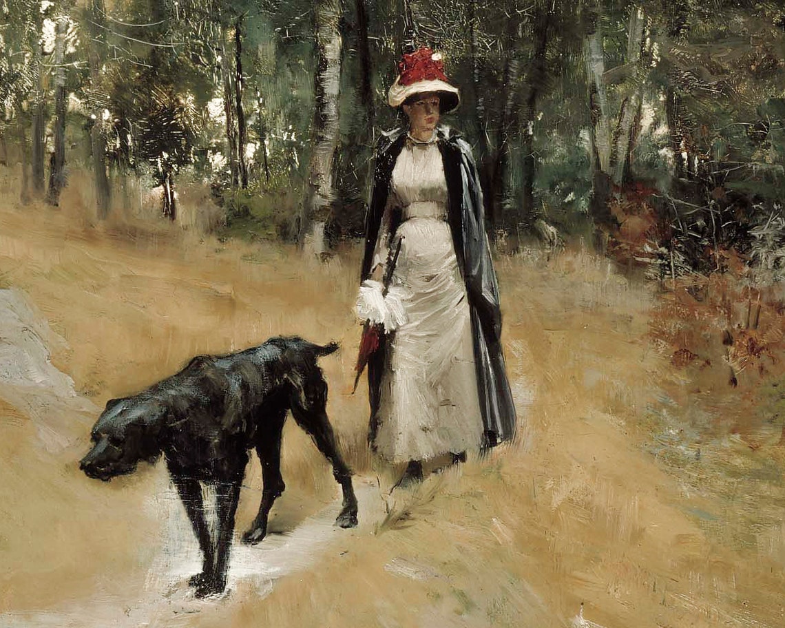 Woman and Dog Walking Antique Landscape Painting Vintage Etsy