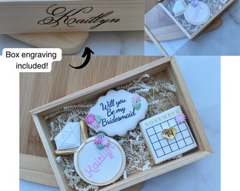 Bridesmaids proposal cookies in custom engraved wooden box/kosher cookies/Pink flowers/Printed bridesmaid cookie box/ bridesmaids cookies