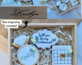 Bridesmaids proposal cookies in custom engraved wooden box/kosher cookies/Neutral flowers/Printed bridesmaid cookie box/ bridesmaids cookies