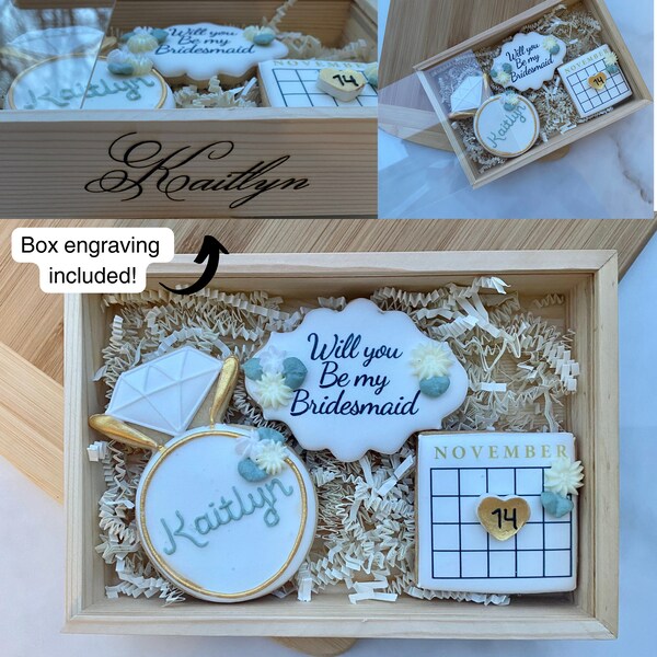 Bridesmaids proposal cookies in custom engraved wooden box/kosher cookies/Neutral flowers/Printed bridesmaid cookie box/ bridesmaids cookies