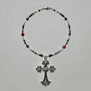Large Rhinestone Cross Necklace | Handmade Red Theme Large Cross Jesus Faith Statement Necklace