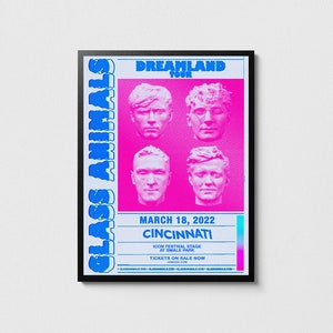 Póster del concierto de Glass Animals en Cincinnati, arte indie rock, decoración de pared musical, carteles de giras