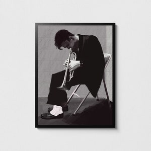 Poster di Chet Baker, stampa in bianco e nero di Chet Baker, arte jazz, decorazione murale jazz, poster amante del jazz