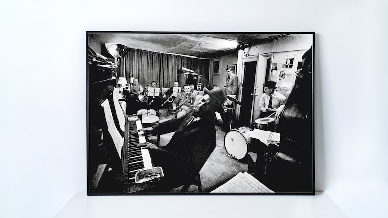 Each member of the ensemble is fully engaged, their passion for music evident in every note. This poster beautifully captures the energy and camaraderie of Monk's performances, making it a must-have for jazz aficionados and music lovers alike.
