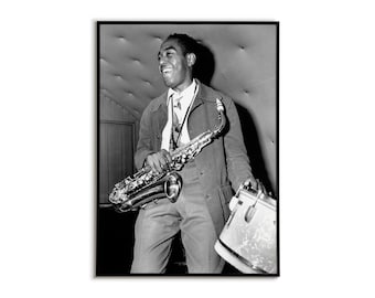 Charlie Parker y su saxofón: póster en blanco y negro, arte mural de leyendas del jazz