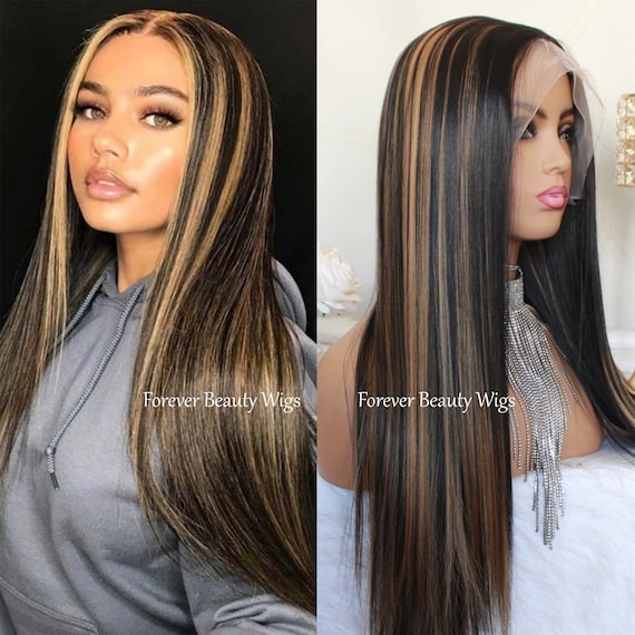 Black Wig With Blonde Highlights, Long Straight Silky Wig, Pre Plucked Wig,  Synthetic Lace Front Wig, Wigs for Women -  Canada