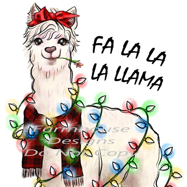 Lama świąteczna owinięta w świąteczne światła Cyfrowe pobieranie, projekt koszulki, znak na drzwi Png, cyfrowe pobieranie, plik png