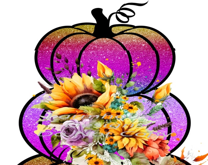 Glittered Pumpkins, Bright Colors, Pumpkin stack with fall flowers. Fall print, digital download, png file, fall design, shirt design