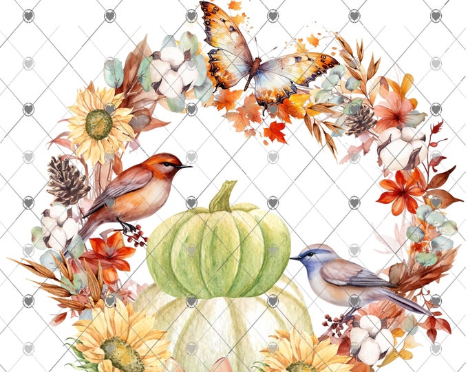 Fall wreath with Sunflowers, Cotton, Birds & Pumpkin, 2 versions, digital download, png file, fall design, shirt design, welcome sign,  png