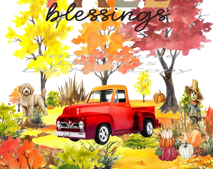 Fall Blessings, Red Truck, Scarecrow, Trees, Fall scene, Landscape design, digital download, png file, fall design