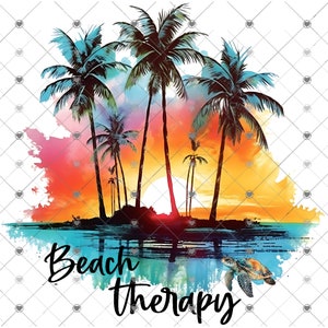 May include: Watercolor painting of a sunset over a tropical island with palm trees and the text "Beach Therapy". A sea turtle swims in the water below.