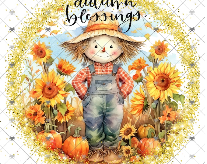 Scarecrow and sunflowers Fall Scene, Autumn Blessings, Welcome sign, digital download, png file, fall design, fall png