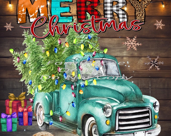 Vintage Turquoise Truck, Christmas Trees, Barnwood Scene, Christmas Lights, Digital Download, Shirt Designn, Door sign Png, digital download