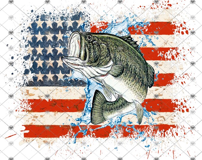 Bass Fish and American flag Father's Day png design, shirt design, digital download, Png file