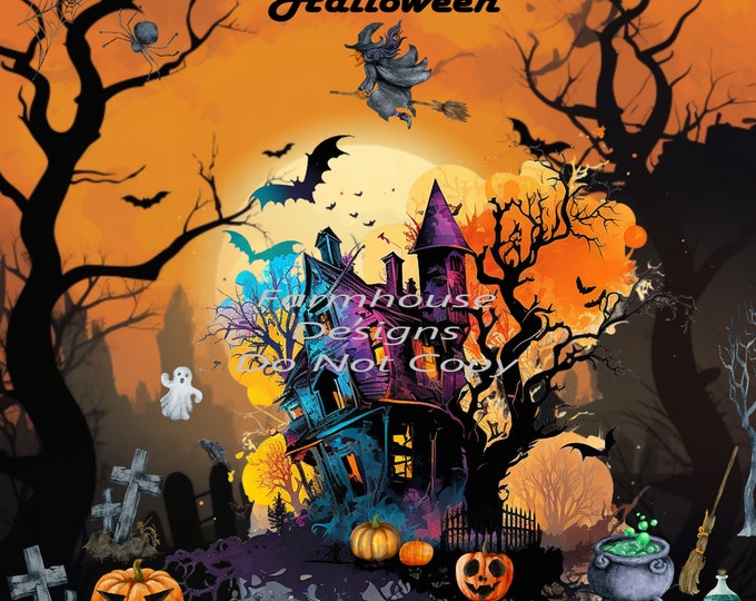 Halloween Scene, Witch, ghosts, Haunted House welcome sign, Door sign Png, digital download