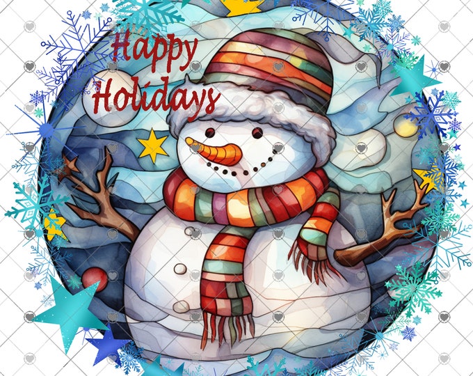 Happy Holidays Snowman Faux Stain Glass Design, 2 versions png, Digital Download, , Png, digital download, png file
