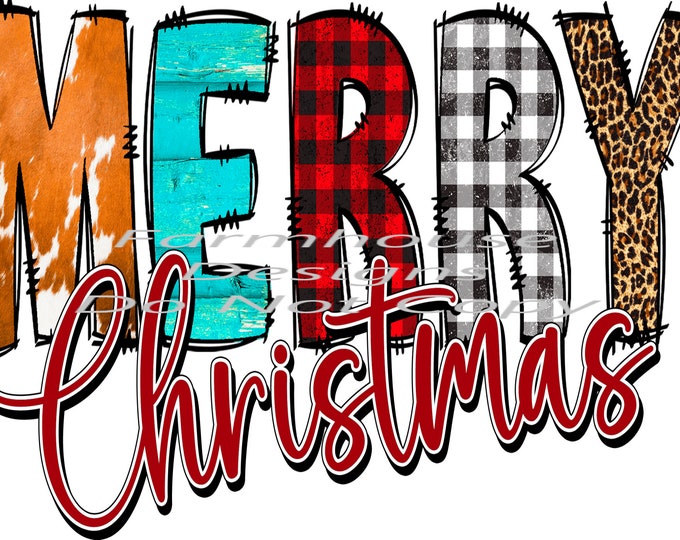 Merry Christmas colorful, country lettering, sublimation transfer or White Toner Transfer