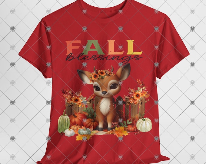 Fall Blessings, Adorable Deer and Sunflowers, Unisex Heavy Cotton Tee