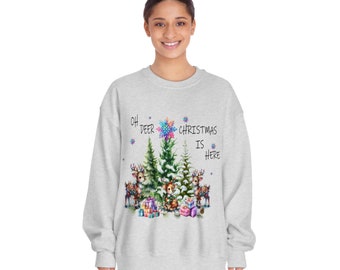 Oh Deer Christmas is Here, Christmas Reindeer, wrapped in lights, colorful, Unisex DryBlend® Crewneck Sweatshirt