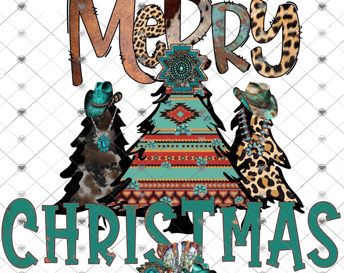 Merry Christmas, Western Tress, animal print, turquoise and boots, sublimation transfer or White Toner Transfer