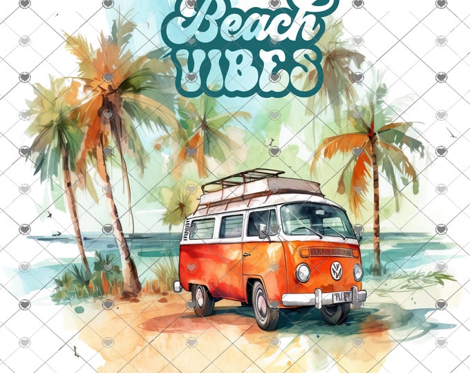 Beach Vibes, Vintage  Van, Sunset scene, Summer design,  shirt design, digital download, Png file