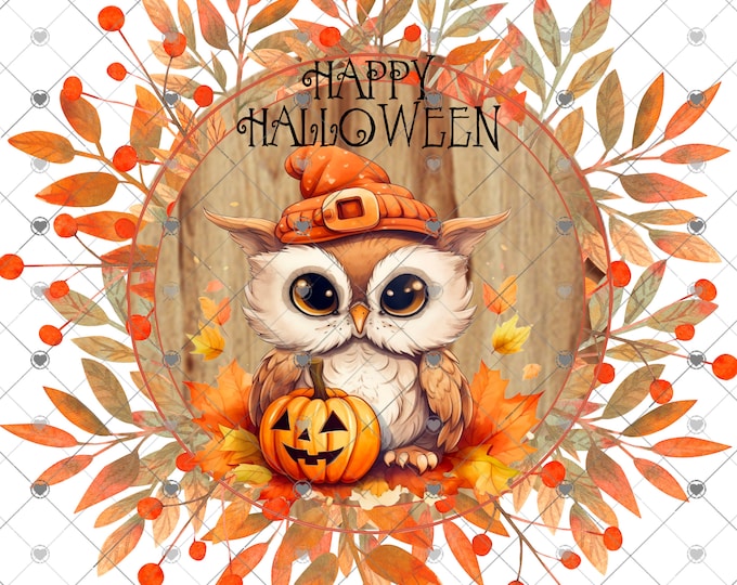 Happy Halloween, cute owl with Jack-o-lantern, Fall leaves welcome sign, Door sign Png, digital download, png file