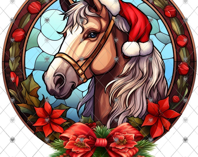 Stain glass(faux) Christmas Horse with Santa Hat design, Digital Download, Shirt Design, Door sign Png, digital download, png file