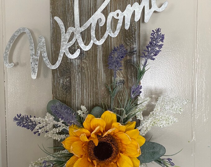 Farmhouse inspired sunflower and wild flowers wooden welcome sign