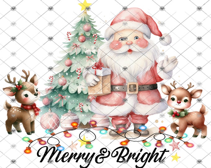 Merry and Bright, Santa and Reindeer watercolor Christmas Download, Shirt Design, Png, digital download, png, sign png