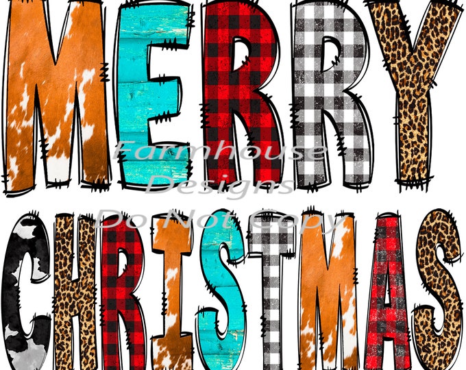 Merry Christmas colorful, country lettering, sublimation transfer or White Toner Transfer