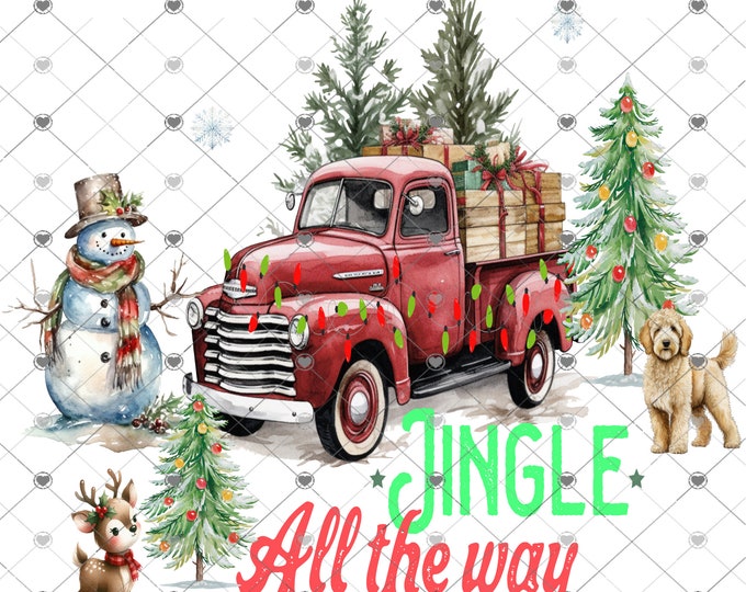 Jingle all the way, Vintage truck, Snowman, Deer and snow scene, Digital Download, Shirt Design, Door sign Png, digital download, png file