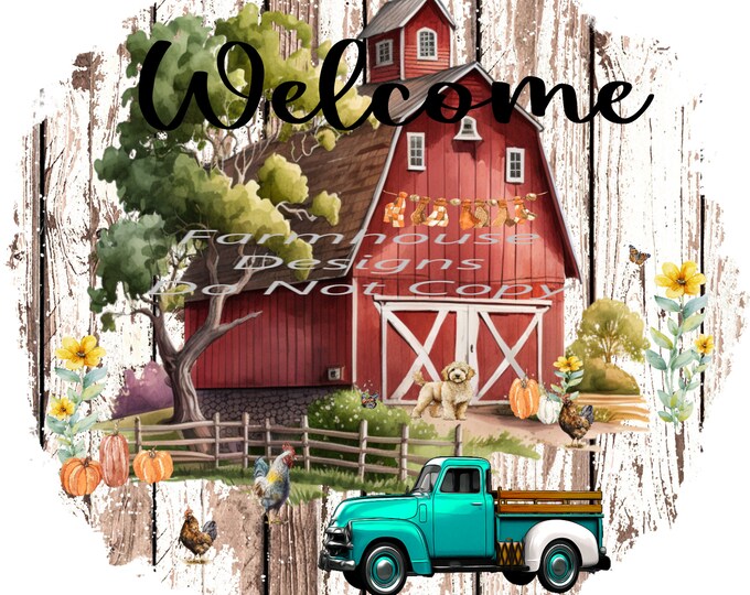 Vintage Teal Truck, Red Barn, Pumpkins, and Golden Doodle Fall welcome sign, Round Door sign Png,  download, round door png, welcome sign