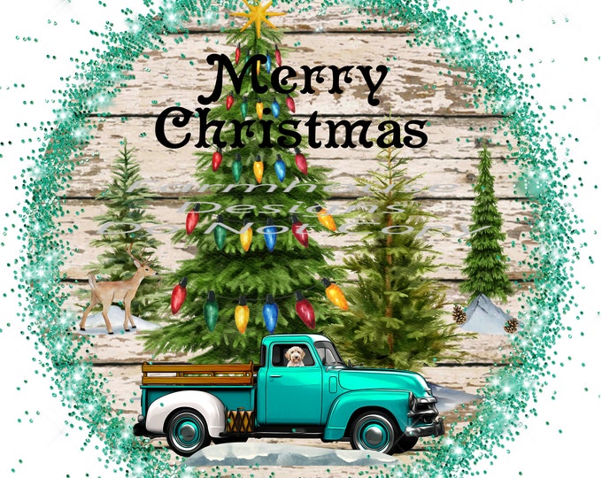 Merry Christmas Vintage Turquoise Truck, Pine Trees, Christmas Lights winter Scene, shirt design, digital download, png file