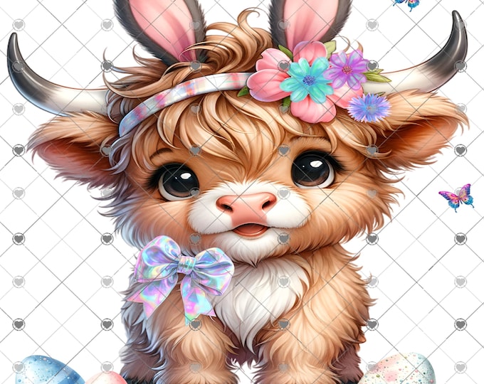 Highland Cow with Bunny Ears, Easter, Spring sublimation print, design, png, clipart