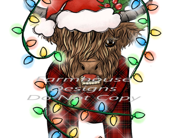 Highland Cow wrapped in Christmas lights, Digital Download, Shirt Design, Door sign Png, digital download, png file