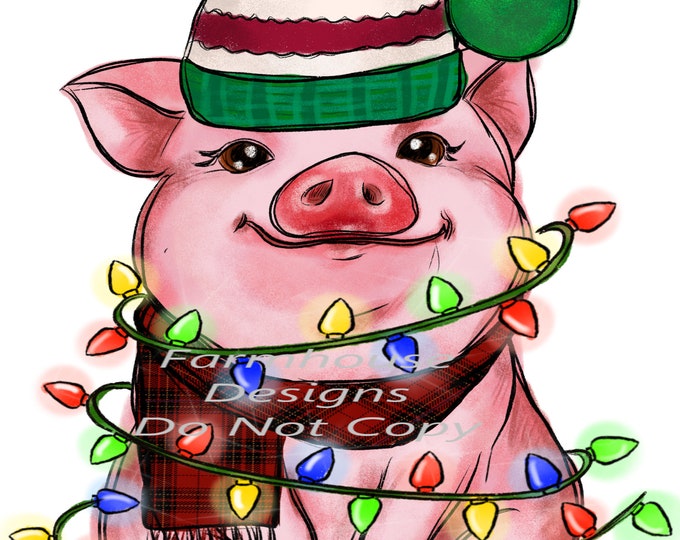 Christmas Pig wrapped in Christmas Lights Digital Download, Shirt Design, Door sign Png, digital download, png file