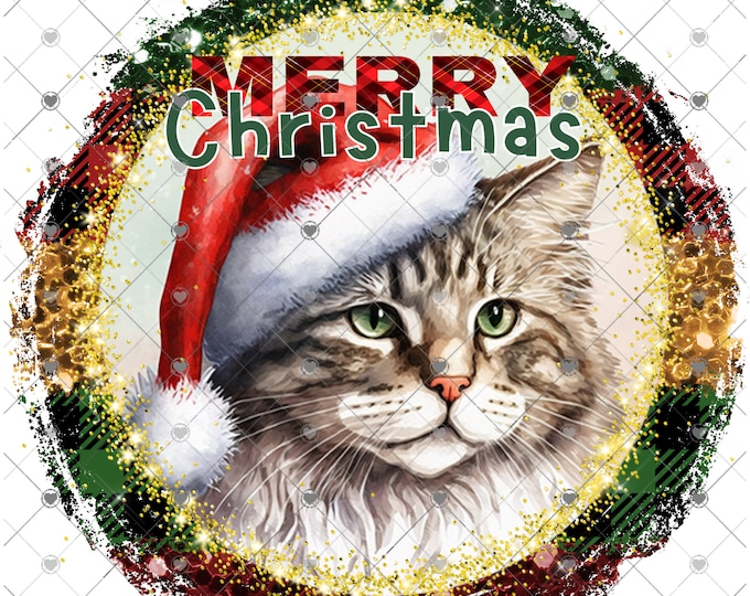 Merry Christmas Cat with Santa Hat, Christmas Shirt Design, download Png, digital download, Round  png