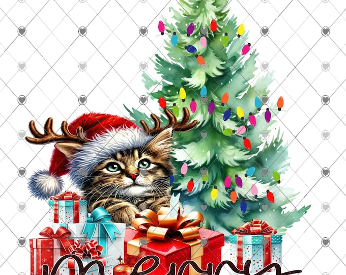 Merry Christmas, Kitten with Presents and Tree, Christmas Download, Christmas design, Shirt Design, Png, digital download